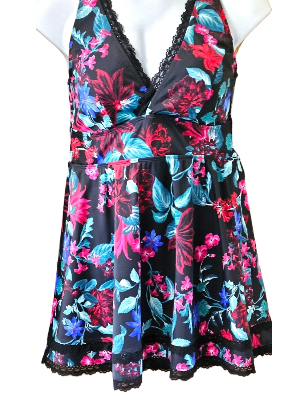 Torrid 2X Floral Fit & Flare Swim Dress Attached Brief Lace Trim - Picture 2 of 16